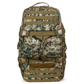 Woodland digital colourway, angled view with tan webbing and a front patch panel