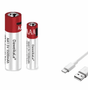 Close view of the USB-C sockets under the red caps of an AA and an AAA