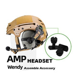 Tactical helmet with AMP headset and accessories on a white background