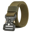 Green tactical belt coiled on white, side view of the quick-release buckle and folded webbing tail