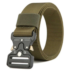 Green tactical belt coiled on white, side view of the quick-release buckle and folded webbing tail
