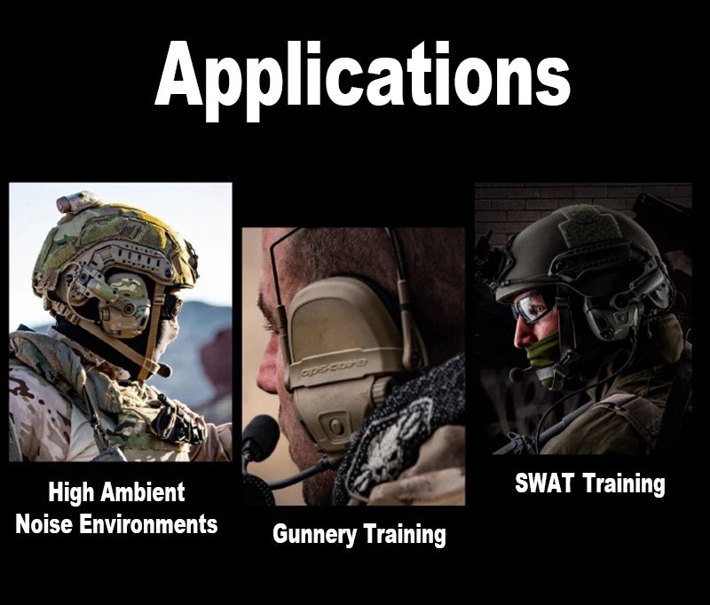 Three images showing applications of noise-canceling headphones in high ambient noise environments, gunnery training, and SWAT training.