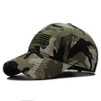 Camouflage cap with subdued olive United States flag patch on the front panel