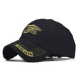 Black cap with gold eagle and trident badge and lettering stitched on the brim