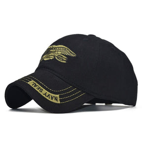 Black cap with gold eagle and trident badge and lettering stitched on the brim