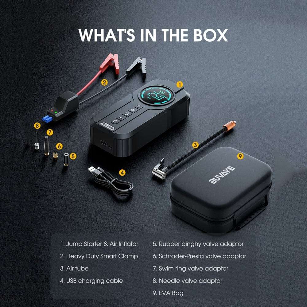 BUVAYE Car Jump Starter Air Pump Portable Air Compressor   BushLine