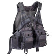 Grey fishing vest front, showing webbing attachment ladders and velcro patch panel