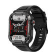 Black rugged smartwatch angled right with red accents on the analogue-style watch face