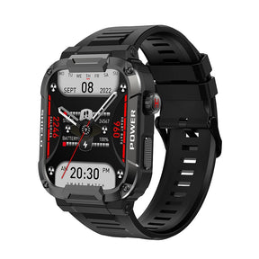 Black rugged smartwatch angled right with red accents on the analogue-style watch face