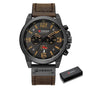 Black case with sand markers on a dark brown strap and CURREN box