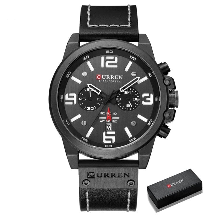 CURREN 8314 Waterproof Sport Watch Genuine Leather Watchs BushLine black white