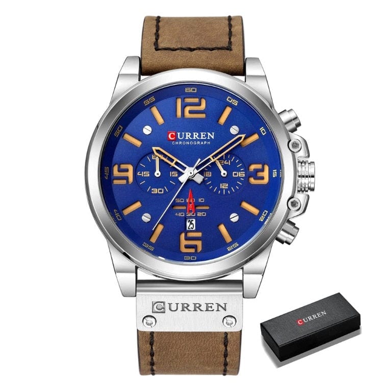 CURREN 8314 Waterproof Sport Watch Genuine Leather Watchs BushLine silver blue