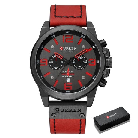 CURREN 8314 Waterproof Sport Watch Genuine Leather Watchs BushLine black red