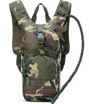 Woodland jungle camouflage hydration pack, front view with hose and bite valve