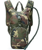 Woodland jungle camouflage hydration pack, front view with hose and bite valve