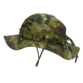 Green tropic multi-tone camouflage boonie hat photographed from the side