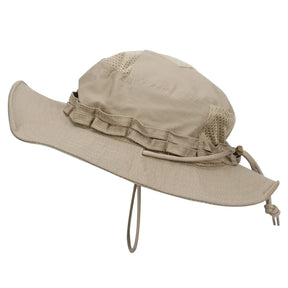 Plain khaki boonie hat side profile showing mesh vent and foliage loops