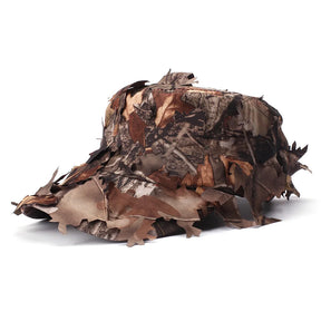 Brown leaf camo peaked cap from the side, leaf shapes standing proud of the shell