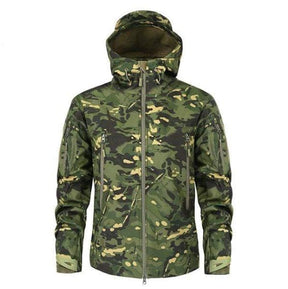 Green multicam jacket, front view, hood raised over the stand collar.