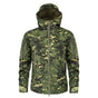 Green multicam jacket, front view, hood raised over the stand collar.