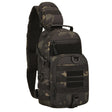 Black camouflage sling pack showing front pocket webbing rows and D-ring detail