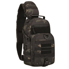 Black camouflage sling pack showing front pocket webbing rows and D-ring detail