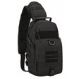 Black sling chest pack with front MOLLE pocket, loop patch strips and bottom buckle