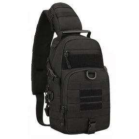 Black sling chest pack with front MOLLE pocket, loop patch strips and bottom buckle