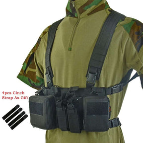 Black chest rig worn at an angle beside four black cinch straps