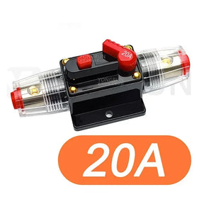 Inline circuit breaker rated 20A, the smallest rating in the range, on its bracket