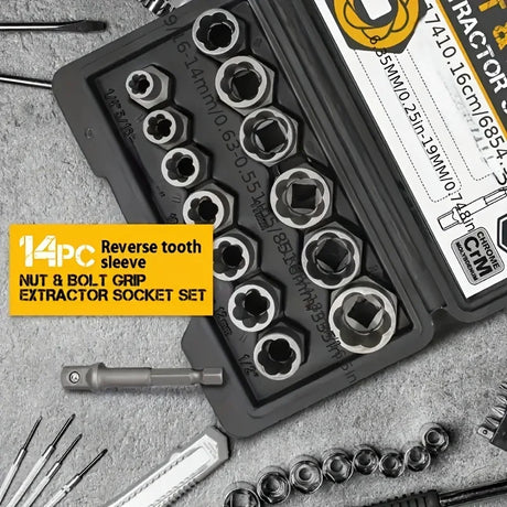 Damaged Nut Bolt Extractor Remover Set 14Pcs Impact Socket Set tools  