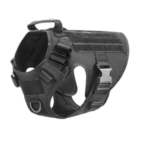 Black harness alone, three-quarter view showing metal chest buckle and chest D-ring