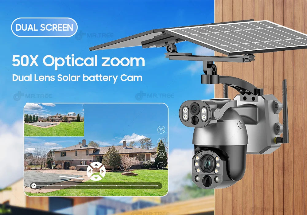 Dual Lens Solar Security Camera WIFI Human Tracking  4K 50X Optical Zoom security systems  