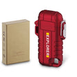 Red lighter beside its kraft carton, showing the carabiner clip and the bottle-opener cut-out in the base
