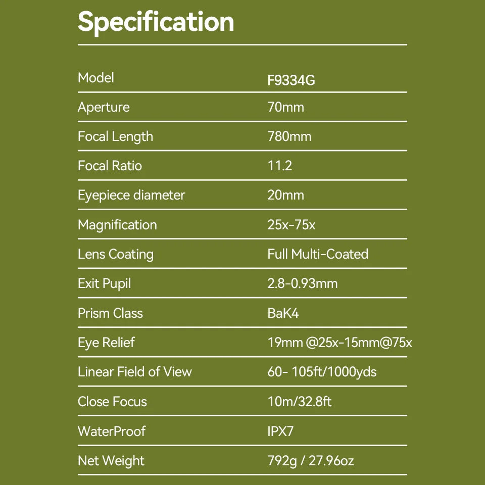 F9334G Spotting Scope 25-75x70 Powerful Monocular with Tripod Optics  BushLine
