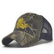 Colourway c13: leaf camo, yellow lure and hook embroidery, black mesh back panel