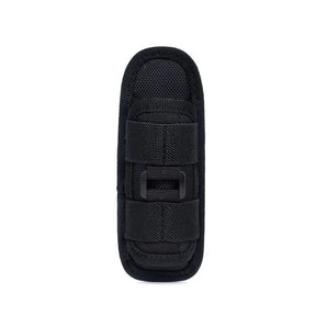 Front of the black holster with both elastic bands and the webbing slider