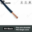 Single black RV cable stripped to show fine copper strands, with printing along the sheath