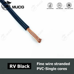 Single black RV cable stripped to show fine copper strands, with printing along the sheath