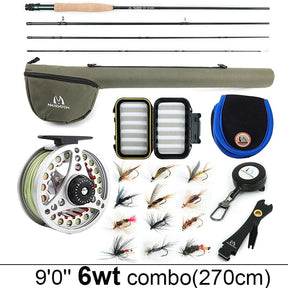 Complete 6wt combo at 2.7m laid out with bag, reel, fly box and twelve flies