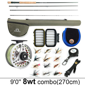 Complete 8wt combo laid out, rod length 2.7m, with bag, reel and flies