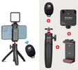 Black kit contents: folding tripod, phone clamp, Bluetooth remote and VIJIM VL81 LED light