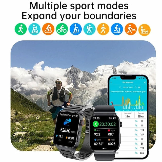 Supplier panel showing sport mode icons, a trail runner and two watches in alpine country
