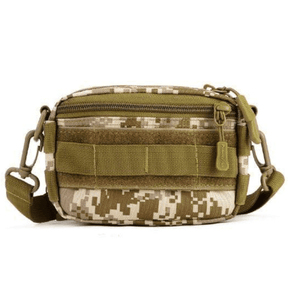 Desert Digital camouflage pouch, front view with green webbing and shoulder strap