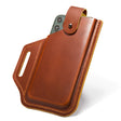 Brown holster standing upright with the press-stud strap over a green phone and belt slot at left