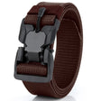 Coffee brown nylon belt coiled on white with the black magnetic buckle and webbing keeper