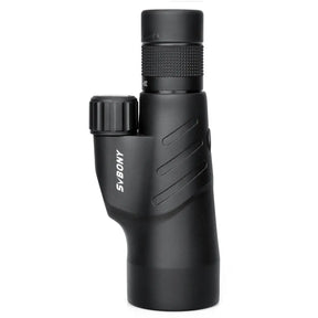Side view of the SV45 stood upright, eyecup and focus knob visible