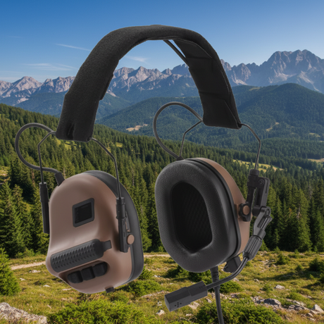 Brown and black headphones with microphone on a white background