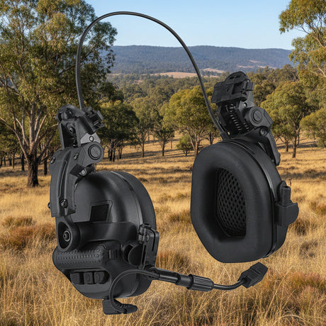 Black tactical headset with microphone on a white background