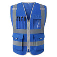 Blue utility vest, front view, four pen slots and clear ID window on chest pocket
